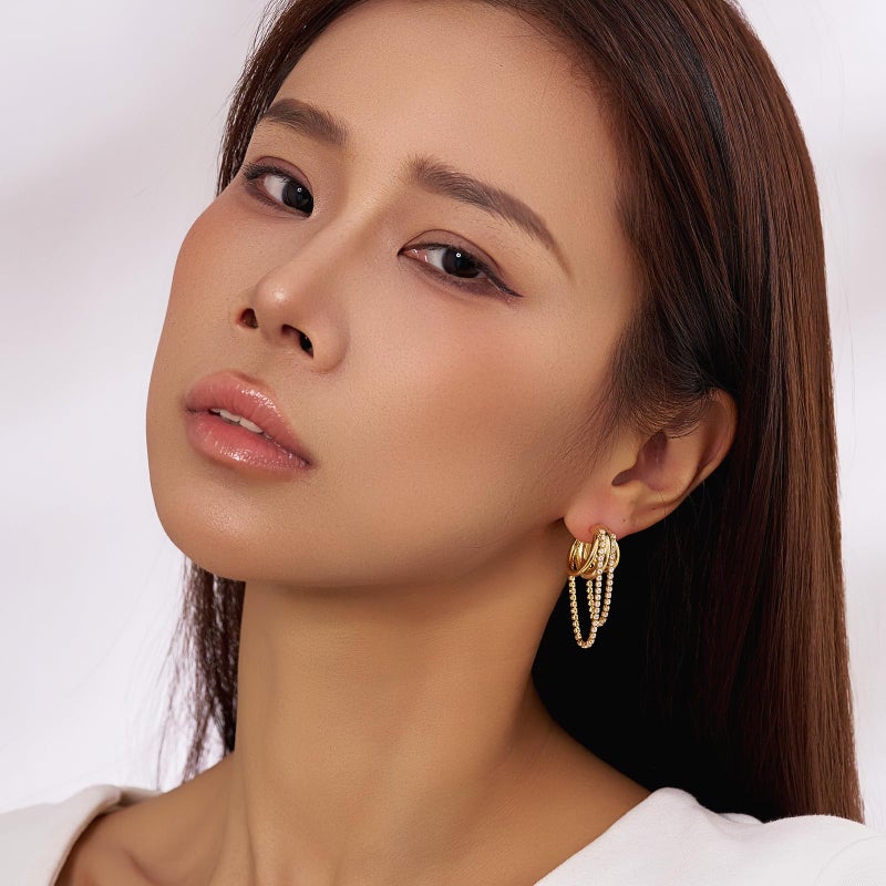GZJOGO Gold Triple Hoop Earrings, Chunky 14k Gold Plated Hypoallergenic CZ Drop Dangle Dainty Women's Earrings - Image 4