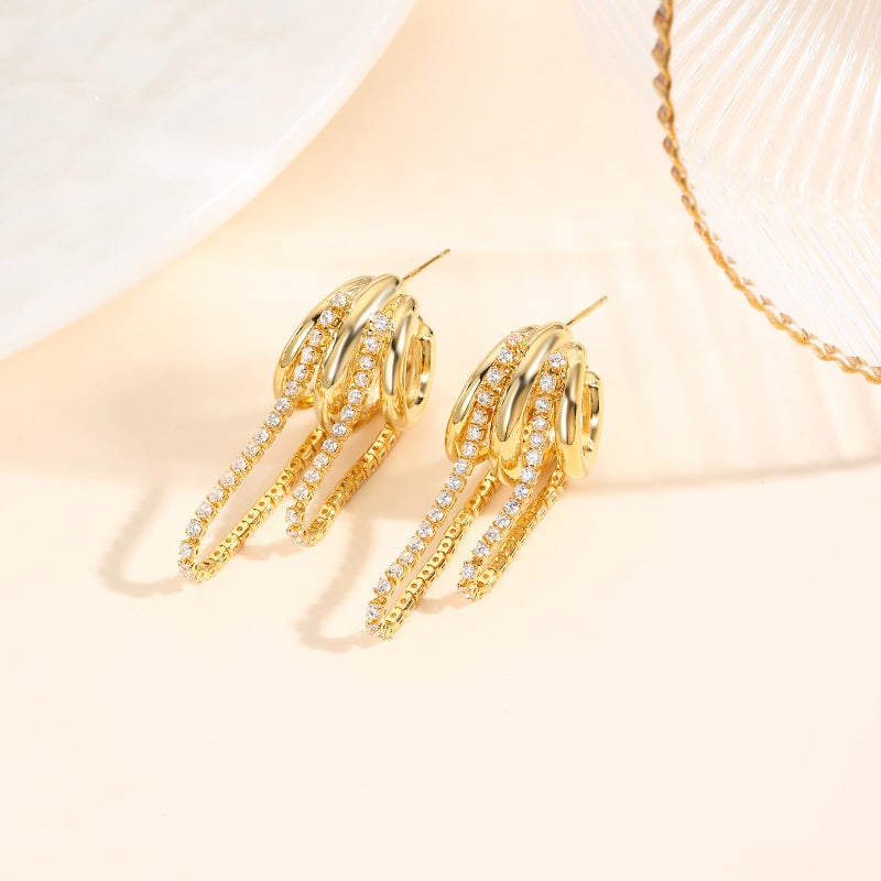 GZJOGO Gold Triple Hoop Earrings, Chunky 14k Gold Plated Hypoallergenic CZ Drop Dangle Dainty Women's Earrings - Image 2