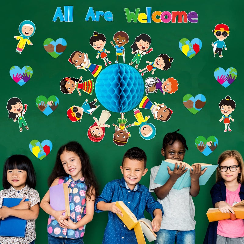 BeYumi 75PCS Student Diversity Bulletin Board Set All are Welcome Hearts Cutouts Earth Honeycomb Inclusion Multicultural Bulletin Board Back to School Equality One World Classroom Door Decoration - Image 5