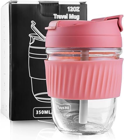 QEXLE QEXLE Glass Reusable Sipper Bottle with Leather Sleeve Glass Coffee Mug with Silicone Straw and Leakproof Lid Tumbler for CoffeeTea Milk Beverages 435ml Pack of 1  - Image 1