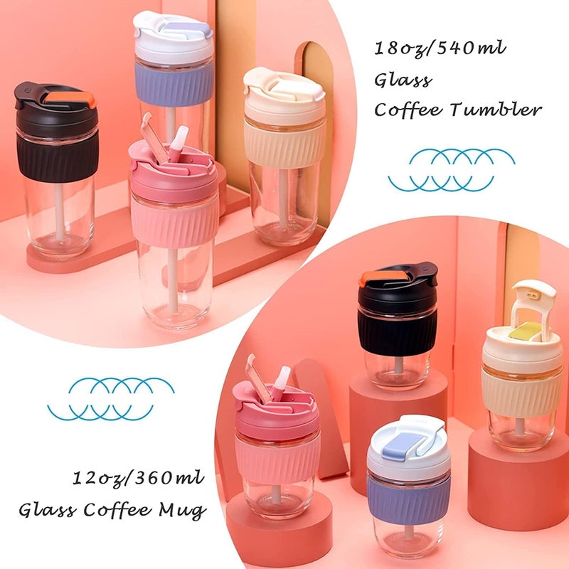 QEXLE QEXLE Glass Reusable Sipper Bottle with Leather Sleeve Glass Coffee Mug with Silicone Straw and Leakproof Lid Tumbler for CoffeeTea Milk Beverages 435ml Pack of 1  - Image 3