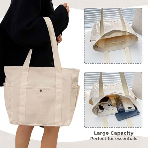 Kraptick Canvas Tote Bags – Stylish Shoulder Tote Bag Everyday Use For Women, Reusable Compact Tote Bag Perfect as a Grocery, Shopping Bags for Grocery - (White Lined) - Image 5