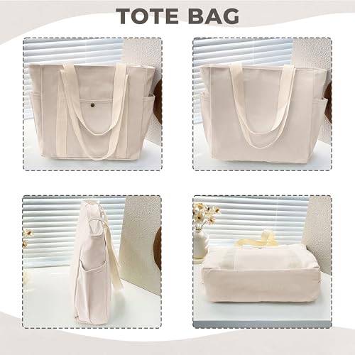Kraptick Canvas Tote Bags – Stylish Shoulder Tote Bag Everyday Use For Women, Reusable Compact Tote Bag Perfect as a Grocery, Shopping Bags for Grocery - (White Lined) - Image 2