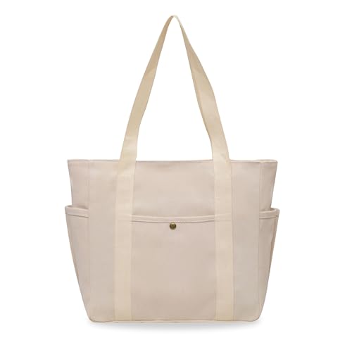 Kraptick Canvas Tote Bags – Stylish Shoulder Tote Bag Everyday Use For Women, Reusable Compact Tote Bag Perfect as a Grocery, Shopping Bags for Grocery - (White Lined) - Image 1