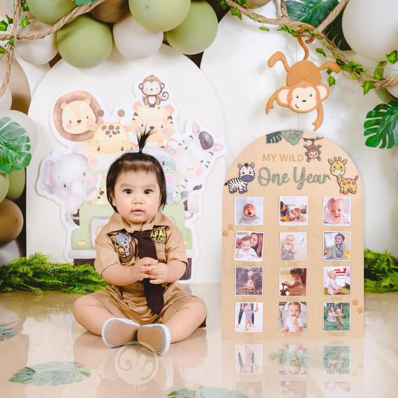 LINGANA My Wild One Year Photo Board - Jungle Safari 1st Birthday Decorations,Animals 1 to 12 Months Photo Wooden Board,Woodland Monthly Photos Display Sign,Wildlife First Year Milestone Photos - Image 3