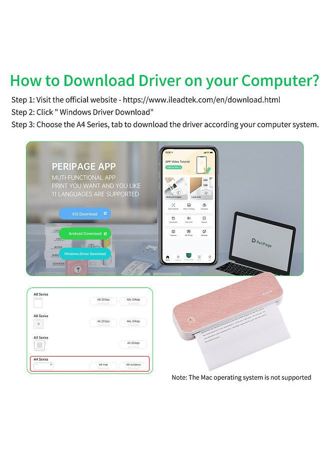PeriPage A4 Paper Printer Direct Thermal Transfer Wirless Printer Mobile 210mm Mini Mobile Photo Printer  USB BT Connection with 1 Roll Thermal Paper  - Image 2