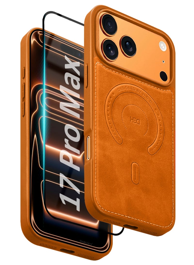 HDD Premium Leather Case and Screen Protector Compatible with iPhone 17 Pro Max, Slim MagSafe Shockproof Protective Cover with Metallic Camera Ring & Tactile Buttons – Cosmic Orange - Image 1