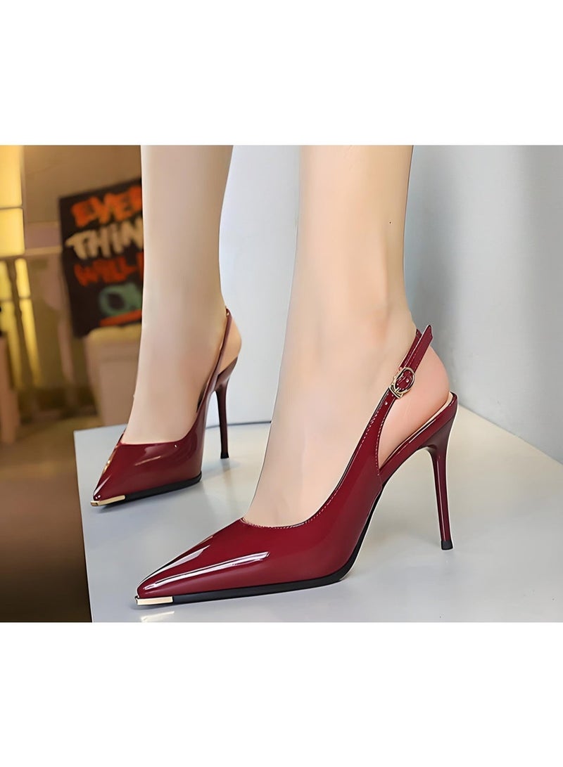 BIGTREE Women's Closed Pointed Toe Pumps Slingback Stiletto High Heel Sandals Wine Red 9.5CM - Image 3