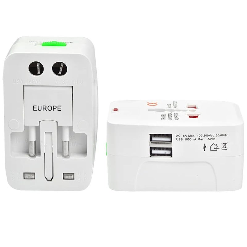 MANGO Universal Travel Adapter With Two USB Ports Multifunctional Dual Usb Ports Universal Mobile Travel Charger US UK EU AU Plug Portable International Charger Surge Protection Power AdapterWhite