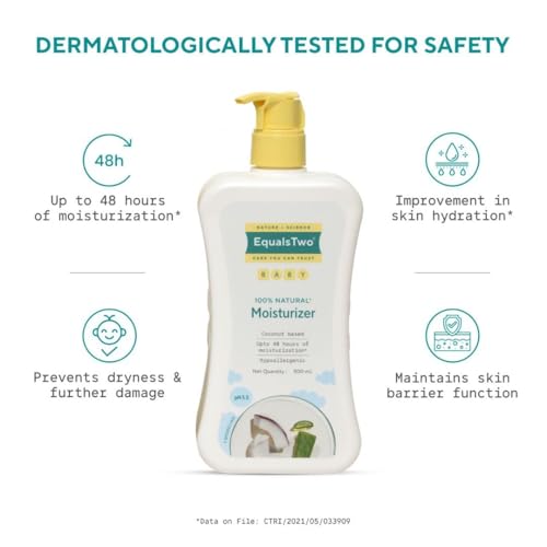 EQUALSTWO by Zydus Baby Moisturizer, 500ml, 100% Natural Coconut based Daily Baby Skin Care Body Lotion for Nourishing Skin, All Skin Types, PH 5.5, Dermatalogically Tested, No Parabens No Sulphates, (Pack 1) - Image 2