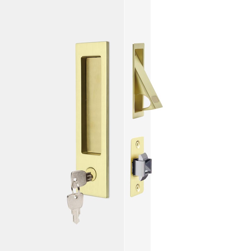 Dontay Pocket Door Handle with Lock and Edge Pull Narrow Modern Rectangular Keyed Entry Function Recessed Sliding Door Hardware for 1 38 to 2 316 Thickness Door 1 Satin Brass - Image 2