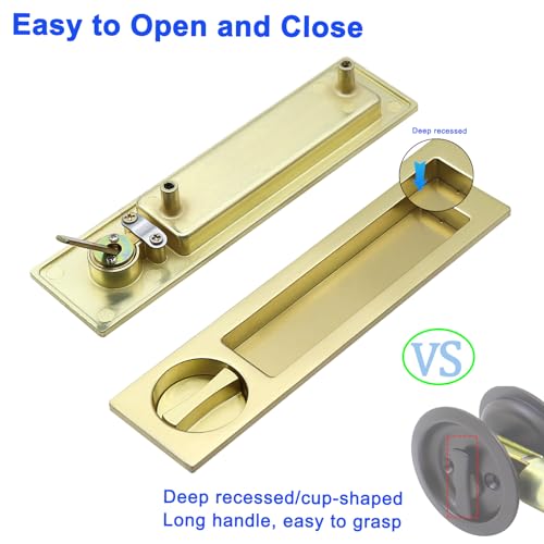 Dontay Pocket Door Handle with Lock and Edge Pull Narrow Modern Rectangular Keyed Entry Function Recessed Sliding Door Hardware for 1 38 to 2 316 Thickness Door 1 Satin Brass - Image 3