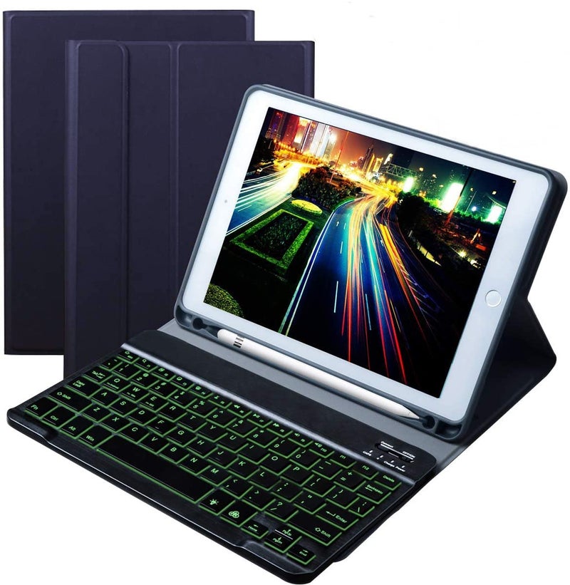 ProElite Keyboard case for Apple iPad 10.2" 9th Gen (2021) / 8th Gen / 7th Gen, with Pencil Holder, Magnetic Detachable Wireless Bluetooth Keyboard Built-in 7-Colors Backlit, Dark Blue - Image 1