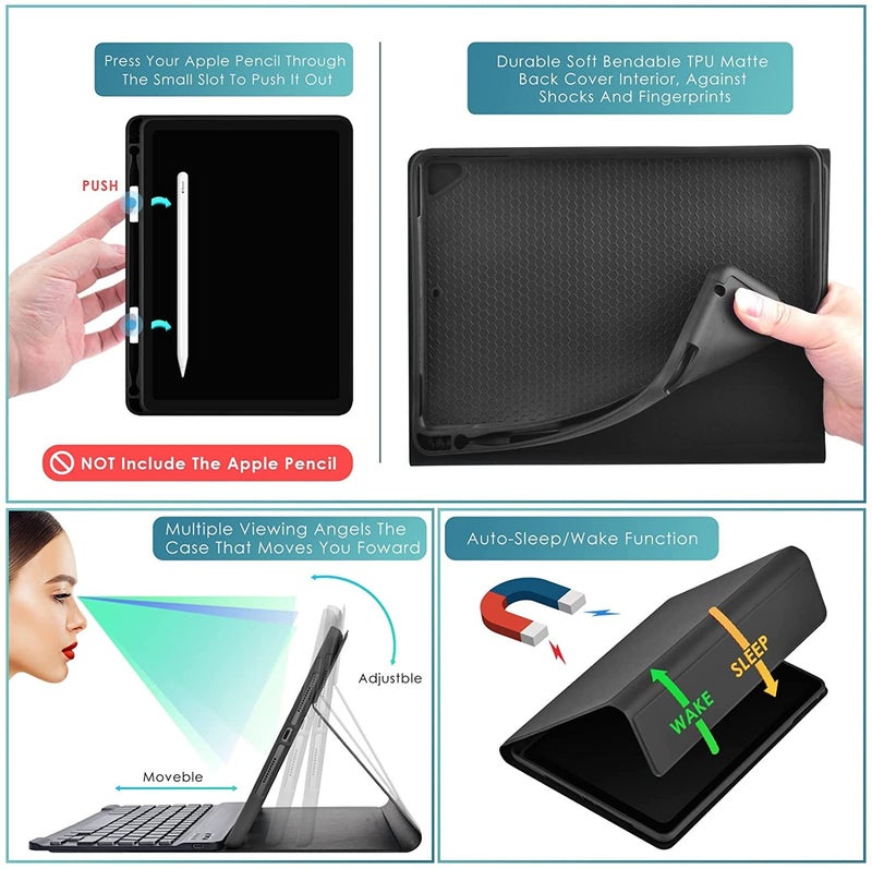 ProElite Keyboard case for Apple iPad 10.2" 9th Gen (2021) / 8th Gen / 7th Gen, with Pencil Holder, Magnetic Detachable Wireless Bluetooth Keyboard Built-in 7-Colors Backlit, Dark Blue - Image 4