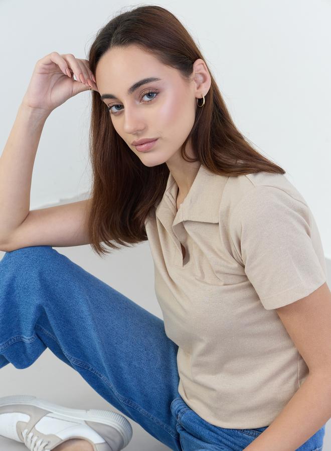 Styli Beige Cotton Polo T-Shirt - Image 3