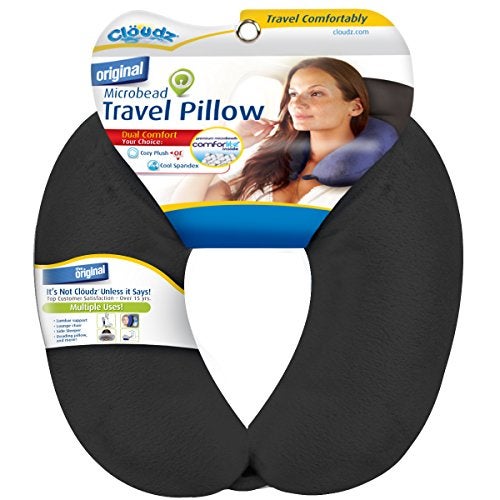 Cloudz Dual Comfort Microbead Airplane Travel Neck Pillow. Super Soft Cozy Plush Fabric on One Side, Cool Relaxing Spandex on the Other! Customize your Comfort and Support at Home or On the Go!-Black - Image 1