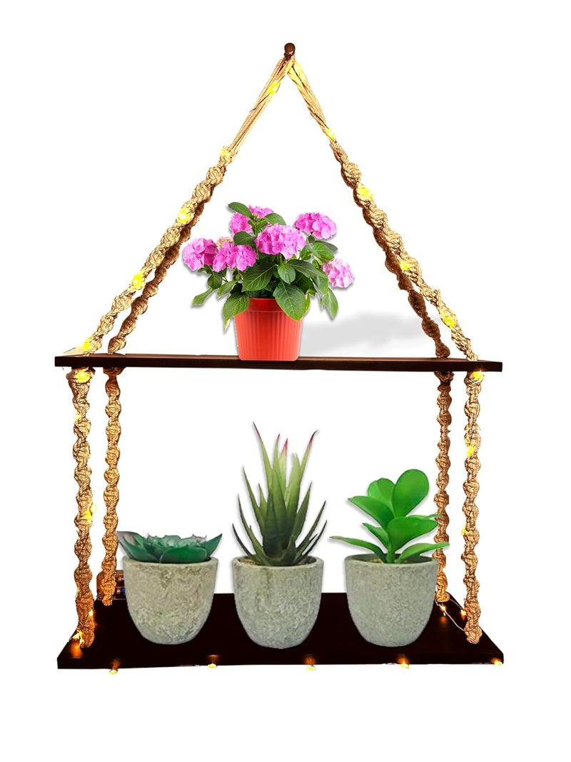 Khush Its Amazing Wood Macrame Knotting Rope 2 Tier Wall Hanging Wall Shelf with LED Light