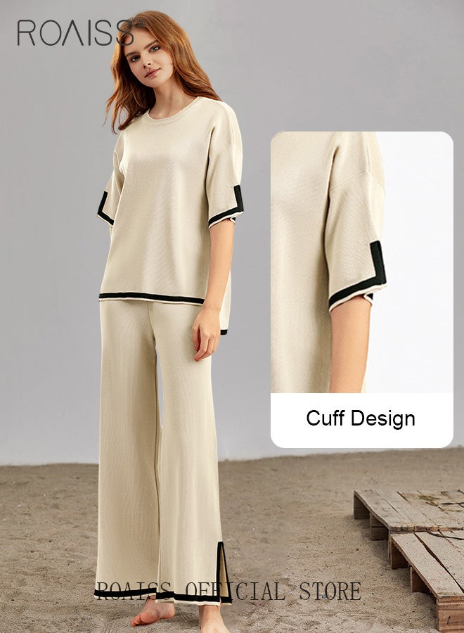roaiss Women's Oversized Loose Suit Knitted Sweater Outfits 2 Piece Casual Set Stripe Pattern Long Sleeve Wide Leg Pants  - Image 2