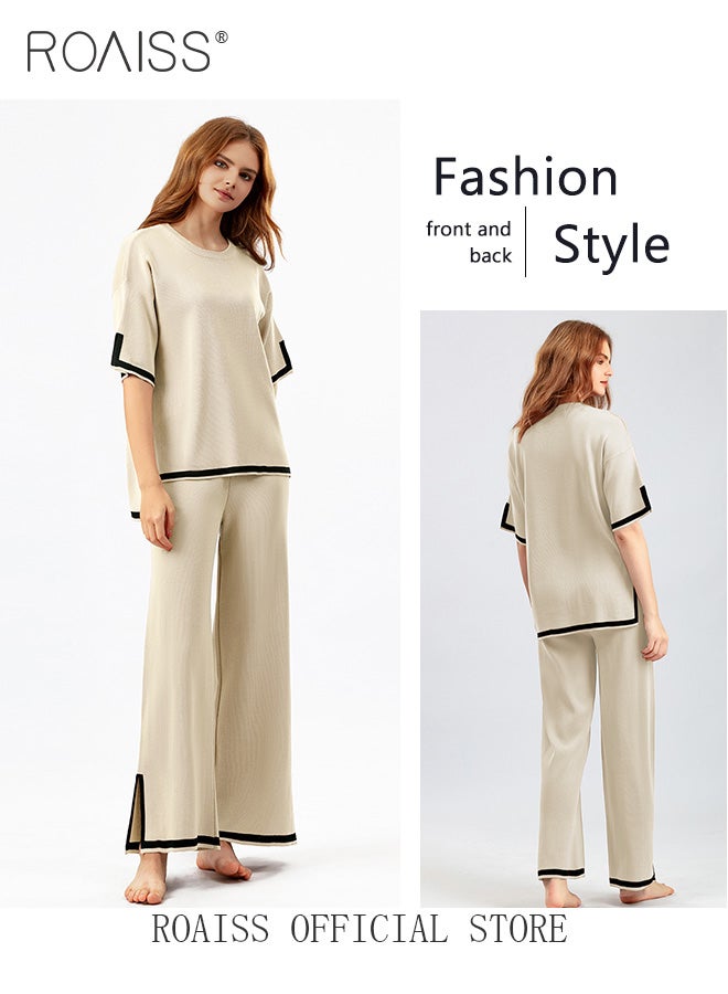 roaiss Women's Oversized Loose Suit Knitted Sweater Outfits 2 Piece Casual Set Stripe Pattern Long Sleeve Wide Leg Pants  - Image 5