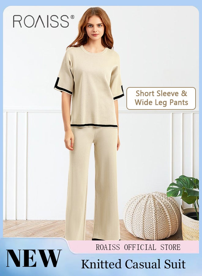 roaiss Women's Oversized Loose Suit Knitted Sweater Outfits 2 Piece Casual Set Stripe Pattern Long Sleeve Wide Leg Pants  - Image 1
