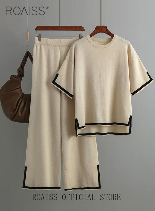 roaiss Women's Oversized Loose Suit Knitted Sweater Outfits 2 Piece Casual Set Stripe Pattern Long Sleeve Wide Leg Pants  - Image 4