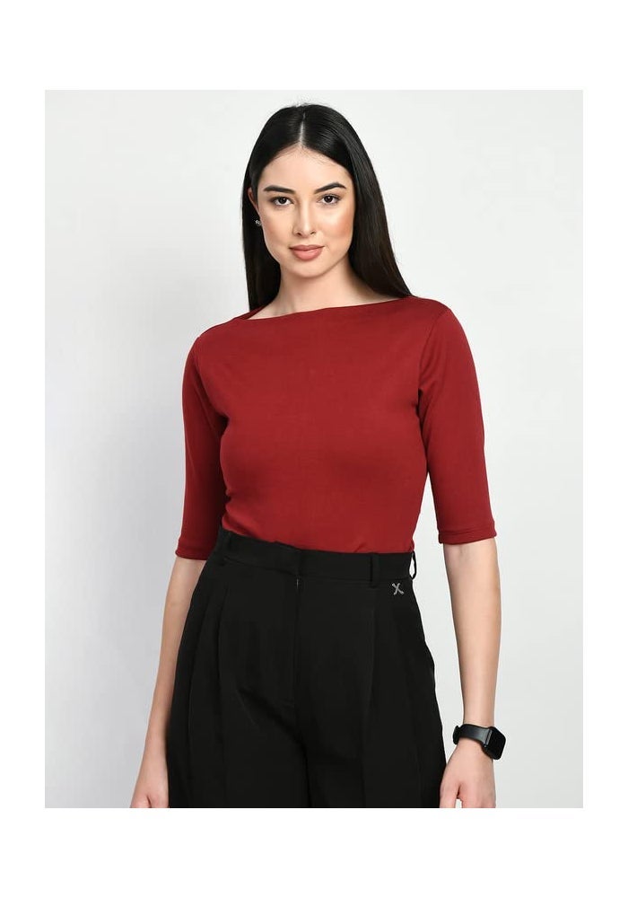 Exude Maroon Boat Neck T-Shirt for Women - Image 2