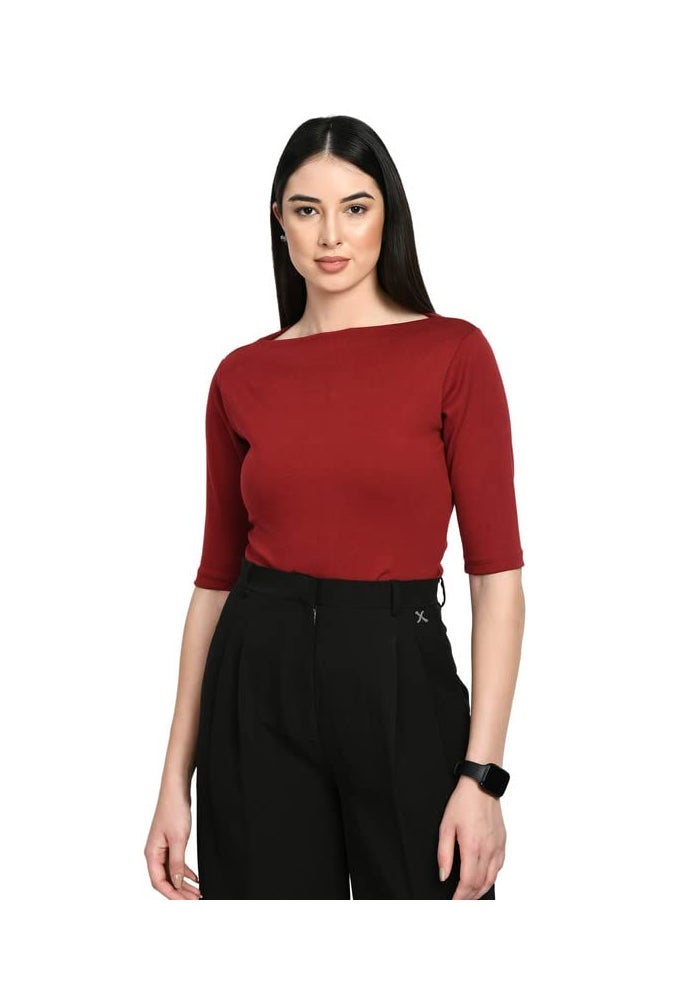 Exude Maroon Boat Neck T-Shirt for Women - Image 1