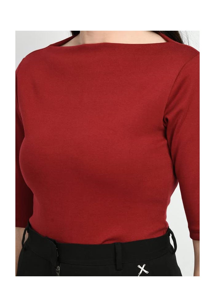 Exude Maroon Boat Neck T-Shirt for Women - Image 5