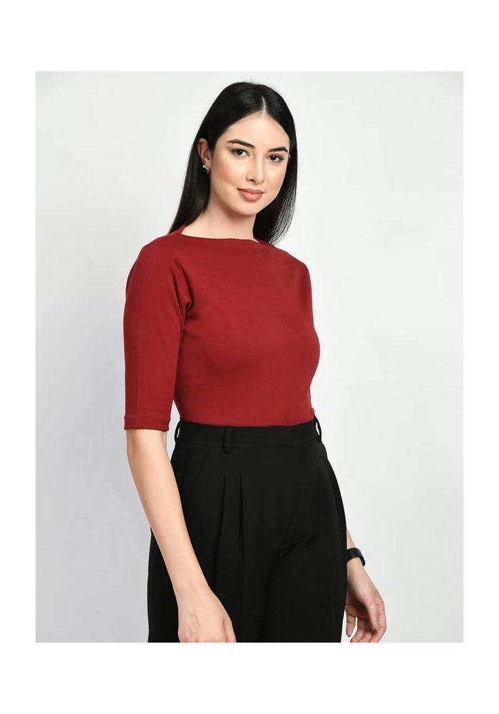 Exude Maroon Boat Neck T-Shirt for Women - Image 4