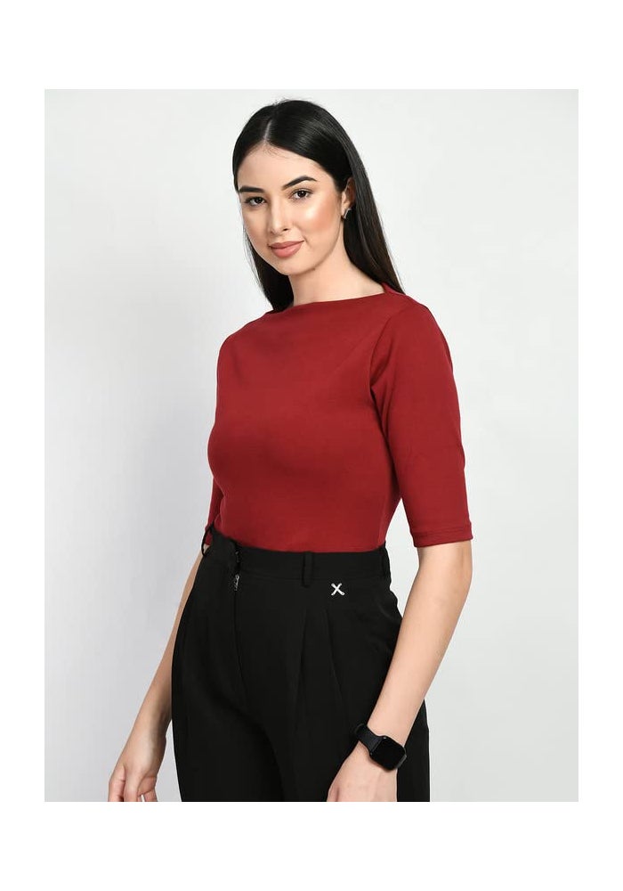 Exude Maroon Boat Neck T-Shirt for Women - Image 3