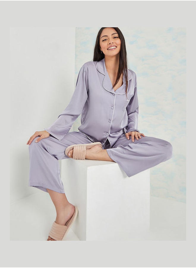 Styli - Long Sleeves Solid Contrast Piped Shirt and Pyjama Set - Image 1