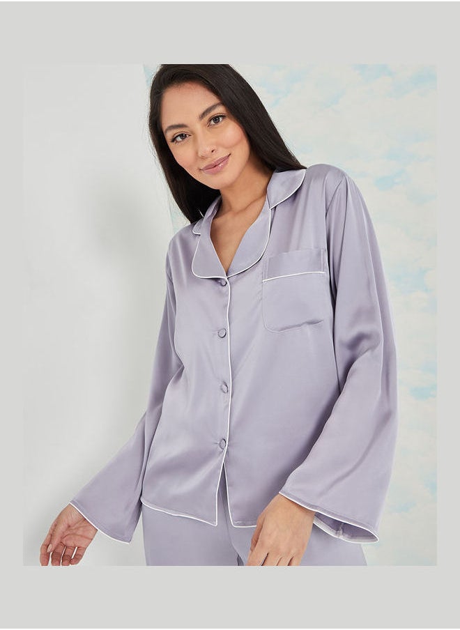 Styli - Long Sleeves Solid Contrast Piped Shirt and Pyjama Set - Image 1