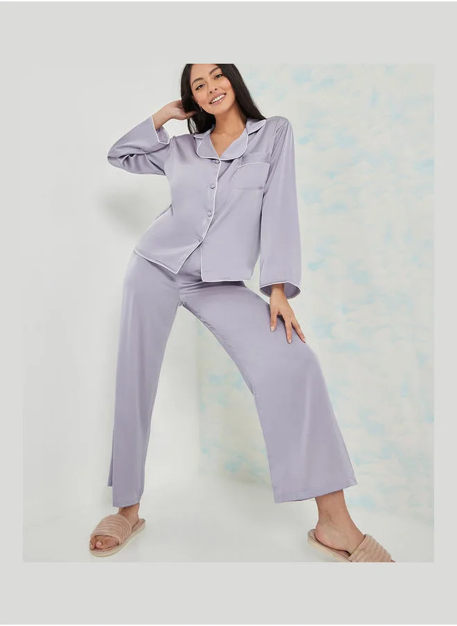 Styli Long Sleeves Solid Contrast Piped Shirt and Pyjama Set