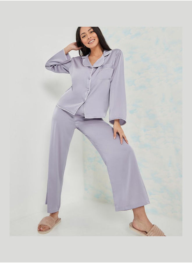 Styli - Long Sleeves Solid Contrast Piped Shirt and Pyjama Set - Image 1