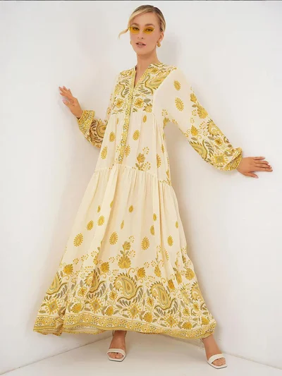 BIG DART BDART Patterned V-Neck Maxi Dress with Button Closure