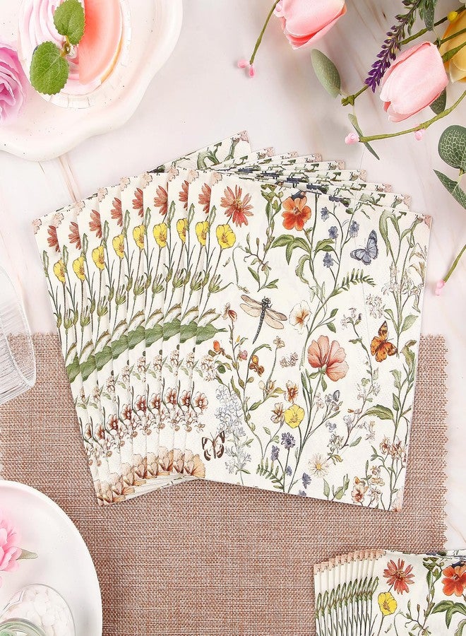 Quera 50 Pcs Floral Paper Napkins Vintage Flower Butterfly Disposable Cocktail Napkins Spring Party Napkins for Wedding Baby Shower Bridal Shower Birthday Decorations，6.5"*6.5" - Image 3