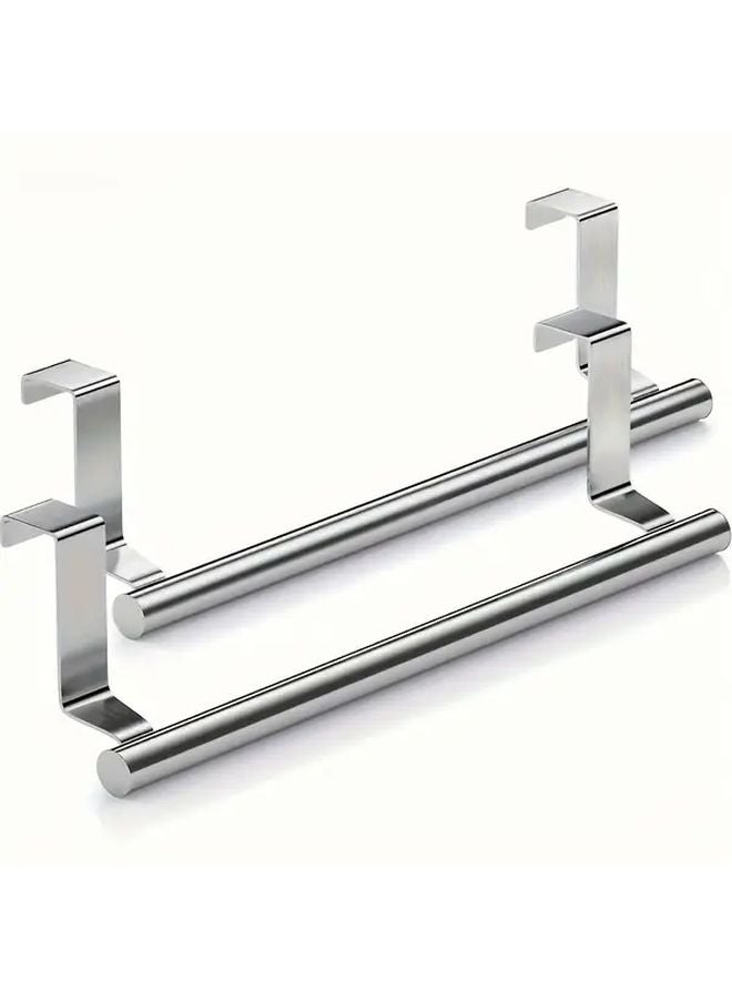 2pcs Stainless Steel Over The Door Towel Bar Set Silvery Wall Mounted Kitchen Bathroom Rack - Image 2