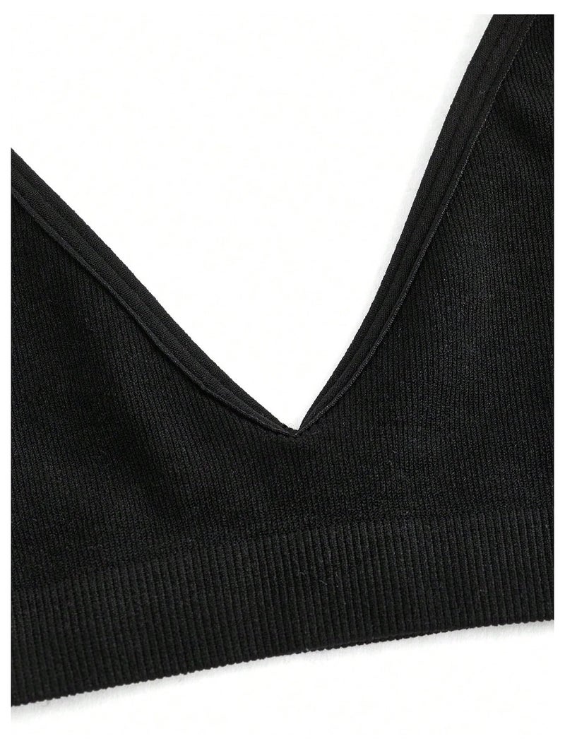 SweatyRocks Women's Triangle Bralette Plunge Bra V Neck Wireless No Padded Soft Comfortable Everyday Sleep Bras Black Large - Image 5