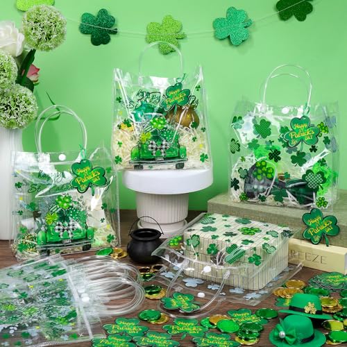 Zenoble 24 Pcs St. Patrick's Day Gift Bags Double-Sided Clear Gift Bags with Handles PVC Party Favor Goodie Treat Bag Bulk with Shamrock Cards Green Ribbon for Irish Holiday Party Supplies - Image 3