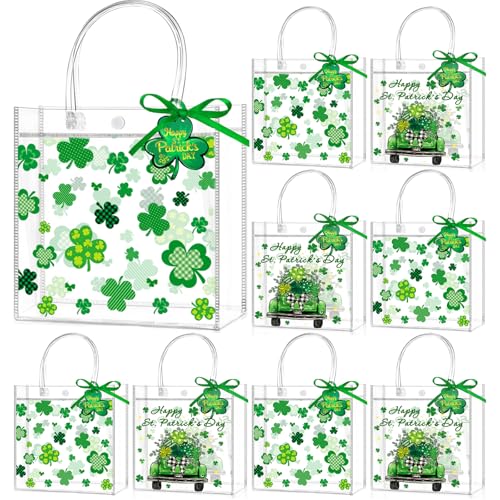 Zenoble 24 Pcs St. Patrick's Day Gift Bags Double-Sided Clear Gift Bags with Handles PVC Party Favor Goodie Treat Bag Bulk with Shamrock Cards Green Ribbon for Irish Holiday Party Supplies - Image 1