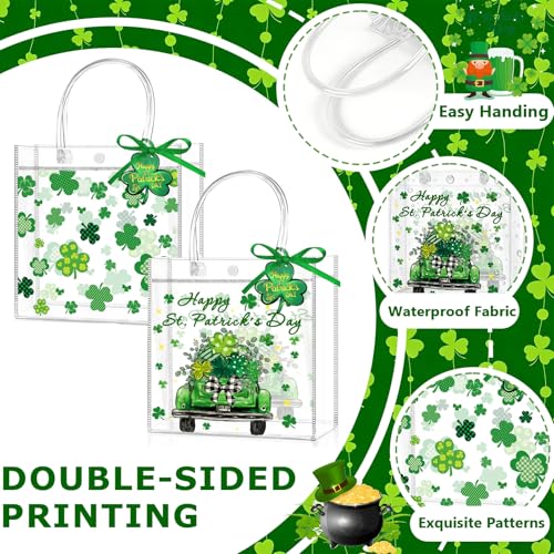 Zenoble 24 Pcs St. Patrick's Day Gift Bags Double-Sided Clear Gift Bags with Handles PVC Party Favor Goodie Treat Bag Bulk with Shamrock Cards Green Ribbon for Irish Holiday Party Supplies - Image 5