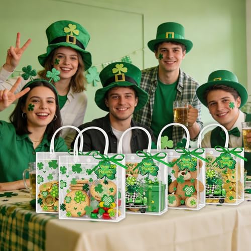 Zenoble 24 Pcs St. Patrick's Day Gift Bags Double-Sided Clear Gift Bags with Handles PVC Party Favor Goodie Treat Bag Bulk with Shamrock Cards Green Ribbon for Irish Holiday Party Supplies - Image 4