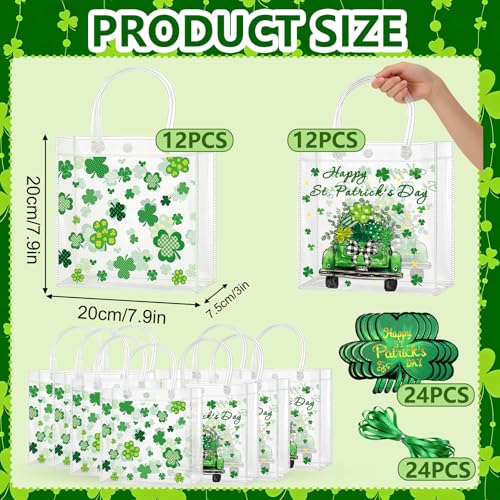 Zenoble 24 Pcs St. Patrick's Day Gift Bags Double-Sided Clear Gift Bags with Handles PVC Party Favor Goodie Treat Bag Bulk with Shamrock Cards Green Ribbon for Irish Holiday Party Supplies - Image 2