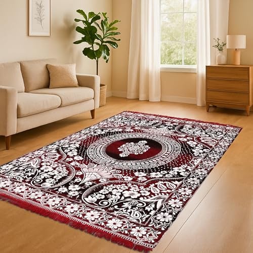 Pure Source India Premium Soft Cotton Floor Carpet (5 X 7 Feet) for Living Room, Pooja Room, Bedroom & Home Décor – Non-Slip, Washable & Modern (Red) - Image 1
