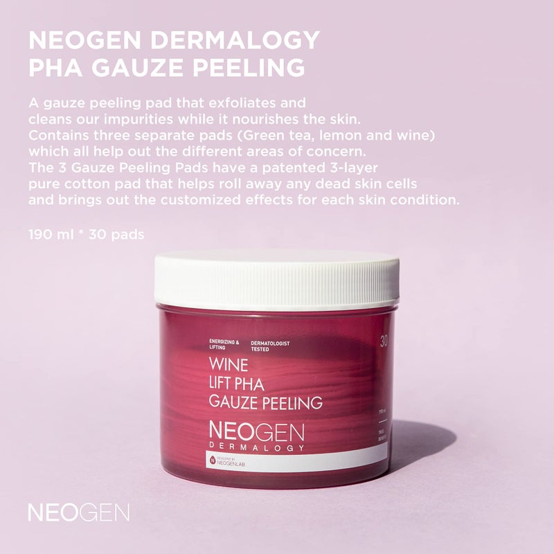 DERMALOGY by NEOGENLAB Wine Lift PHA Gauze Peeling Pads (30 pads) - Exfoliating & Revitalizing & Firming Peeling Pad with AHA, BHA, PHA, LHA & Wine & Peptide & Collagen - Korean Skin Care - Image 3