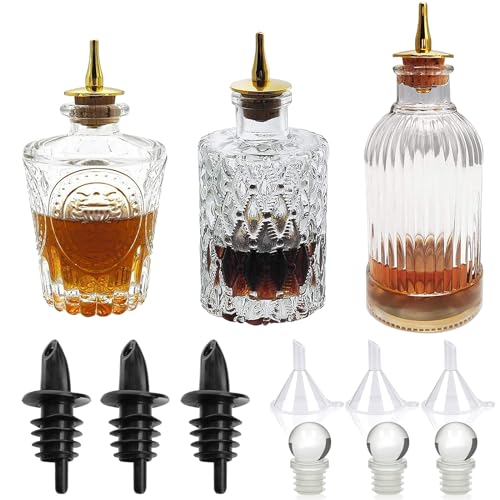 LINALL Bitters Bottle Set - Glass Vintage Bottle, Decorative Bottles with Dash Top, Dasher Bottles for Making Cocktail Great For Bartender Home Bar (3 pack) - Image 1