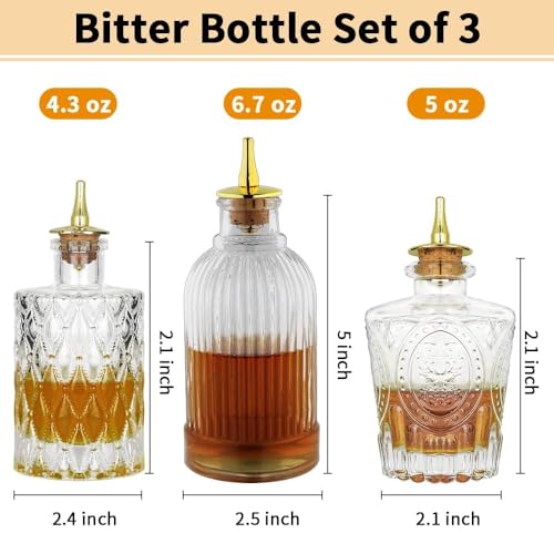 LINALL Bitters Bottle Set - Glass Vintage Bottle, Decorative Bottles with Dash Top, Dasher Bottles for Making Cocktail Great For Bartender Home Bar (3 pack) - Image 2