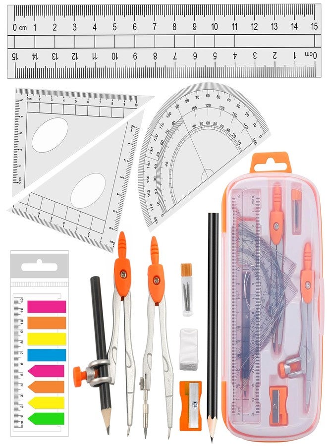 Akuoly Geometry Compass Set 2 Drafting Compasses with Maths Protractor Set Squares Ruler and More for Students Starters Homework etc. Orange - Image 1