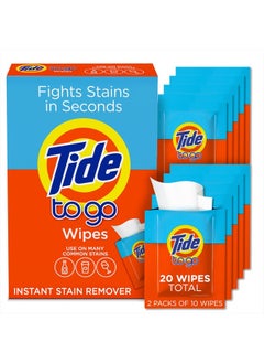 Tide Stain Remover for Clothes, Tide To Go Wipes, Instant Stain Remover for Clothes, Travel & Pocket Size, 10 Count (Pack of 2)  - Image 1