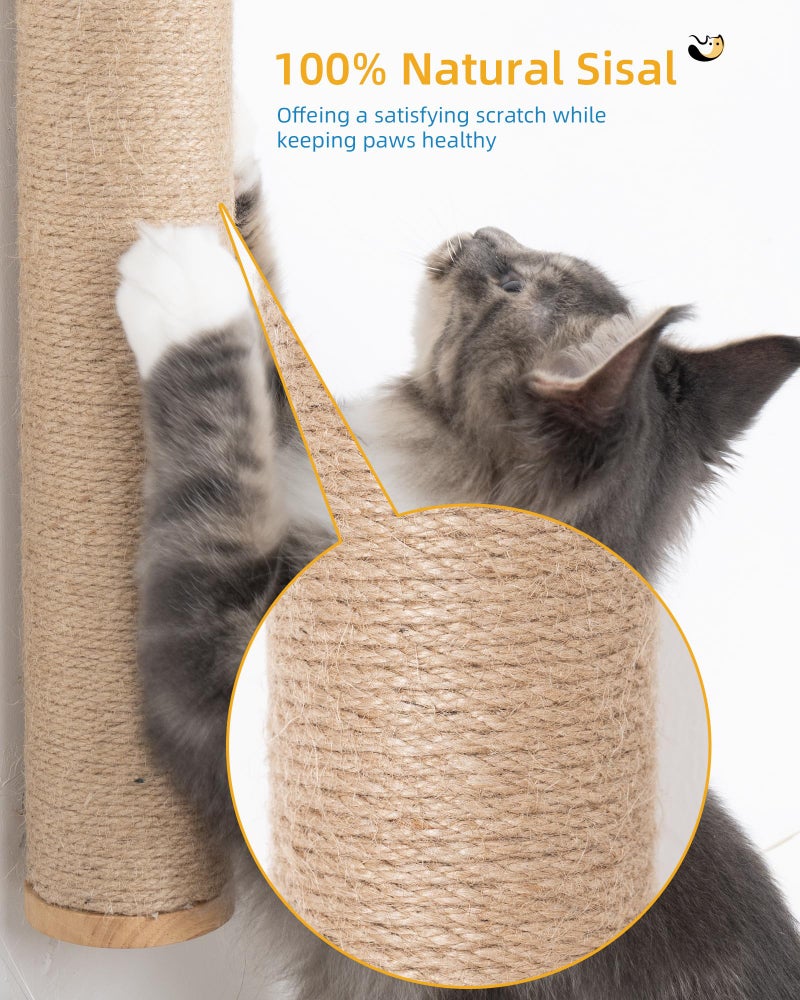 Aechonow 68" Wall Mounted Cat Scratcher, 2-Pcs of 34inch Tall Sisal Scratching Posts, Wall Mounted Cat Pole for Indoor Large Adult Cats Climb Stretch Play, Wooden - Image 4